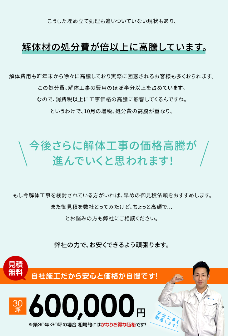 解体材の処分費が倍以上に高騰しています。