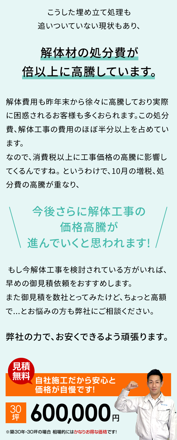 解体材の処分費が倍以上に高騰しています。